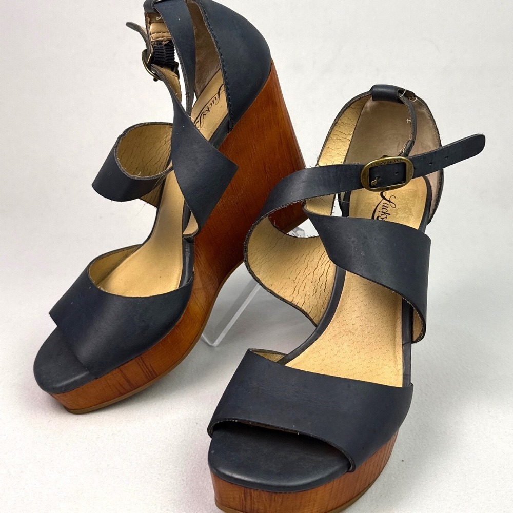 Lucky Brand Navy Blue Leather Platform Wedge Sandals Wood Grain Heel Size 7.5M